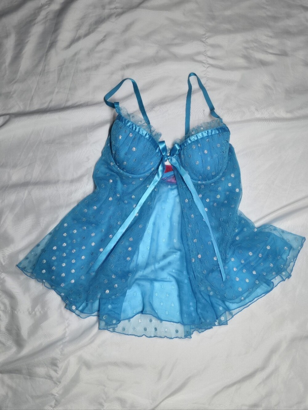 VTG Victoria's Secret Sexy Little Things Blue Sparkle Babydoll Top 36B
